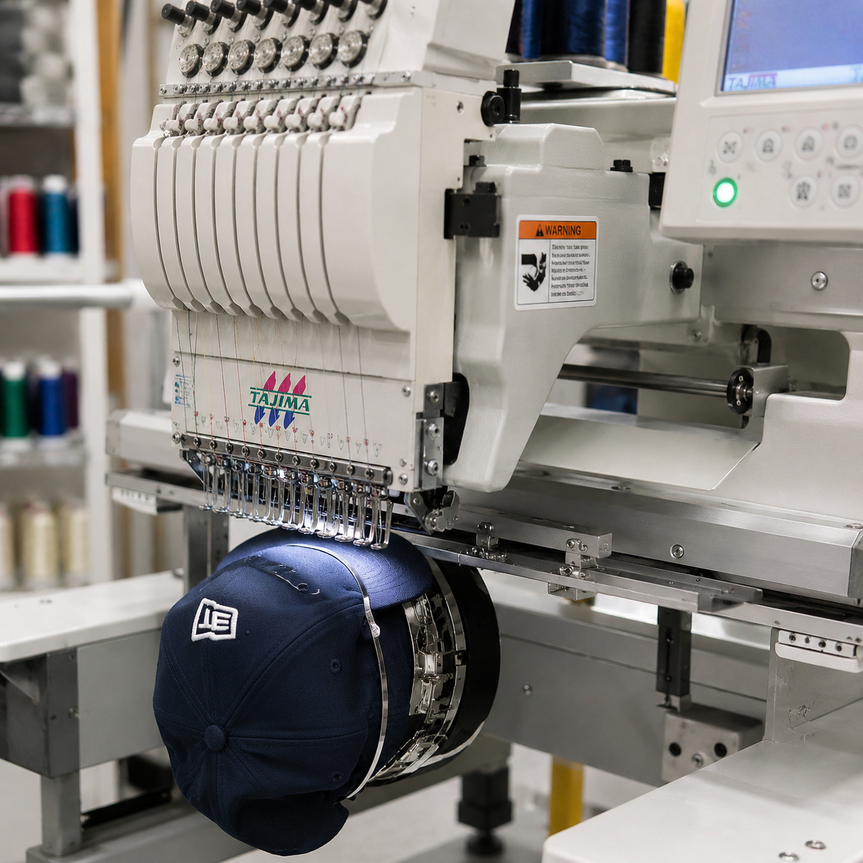 Tajima industrial cap embroidery machine stitching a navy cap on the shop floor at Logotology